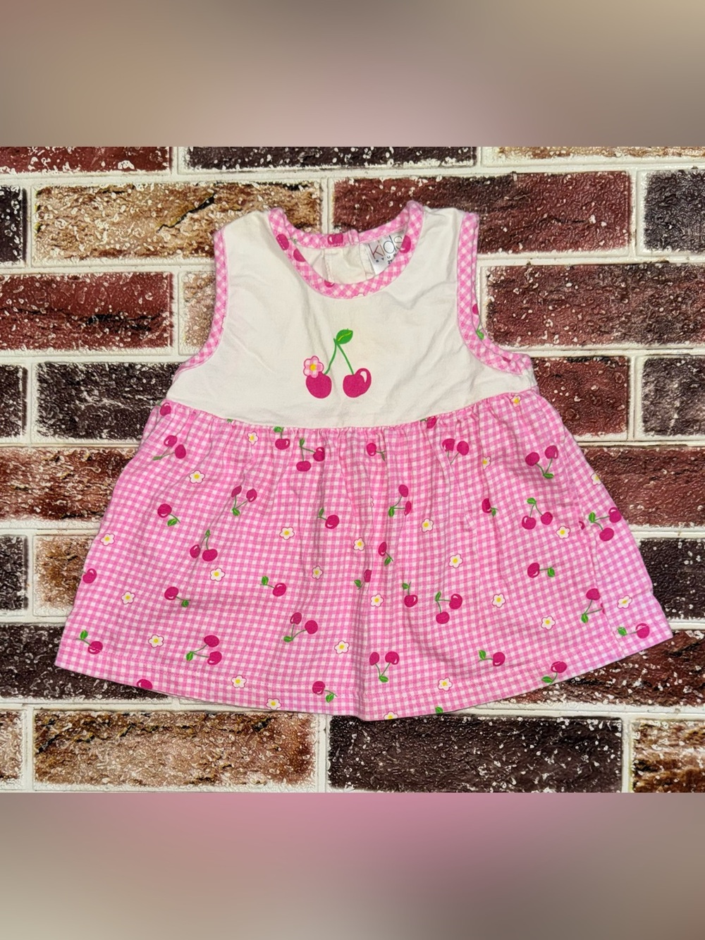 90s y2k Vintage pink gingham cherry 🍒 top 2-3t 15” sth baby girls pink
